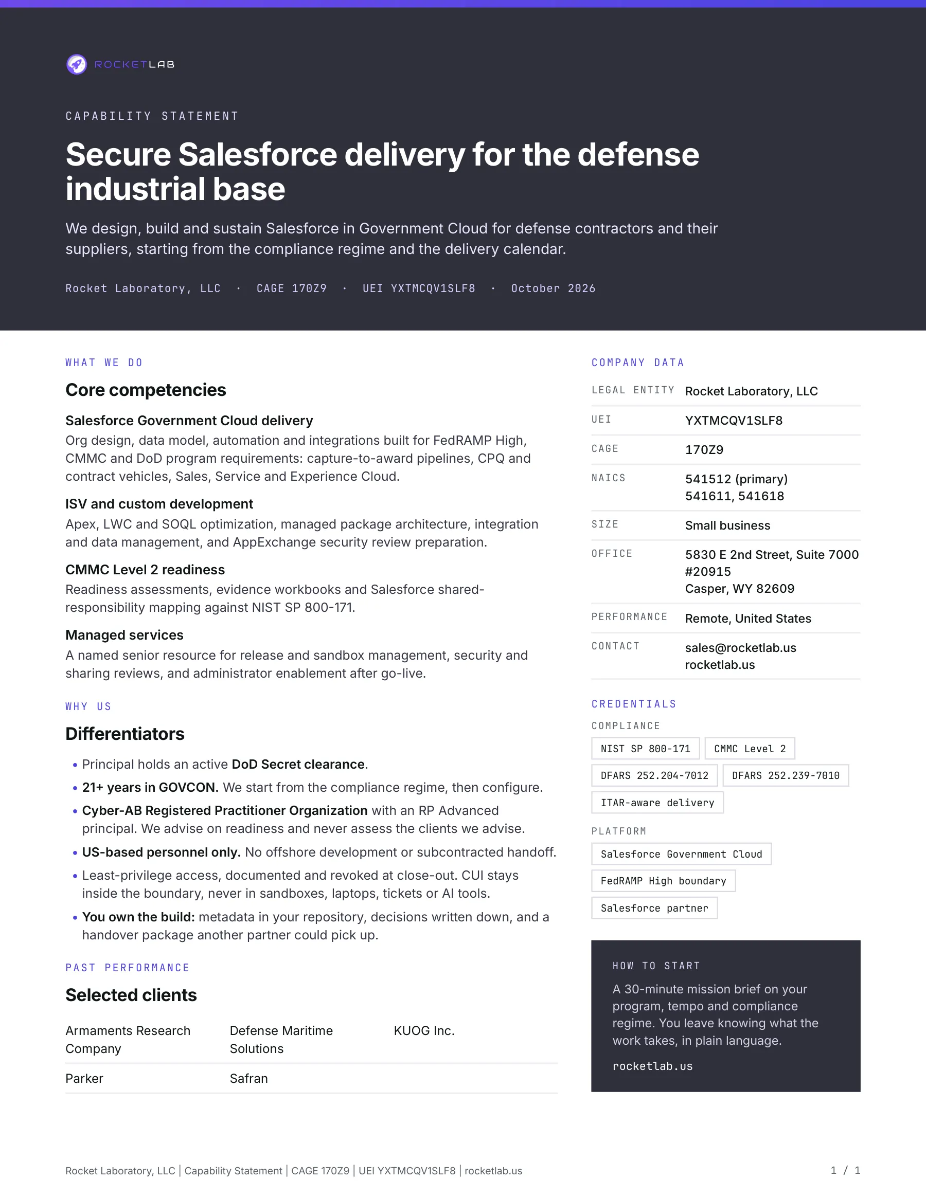 Rocket Lab capability statement, page one: core competencies, differentiators, company data and compliance posture.